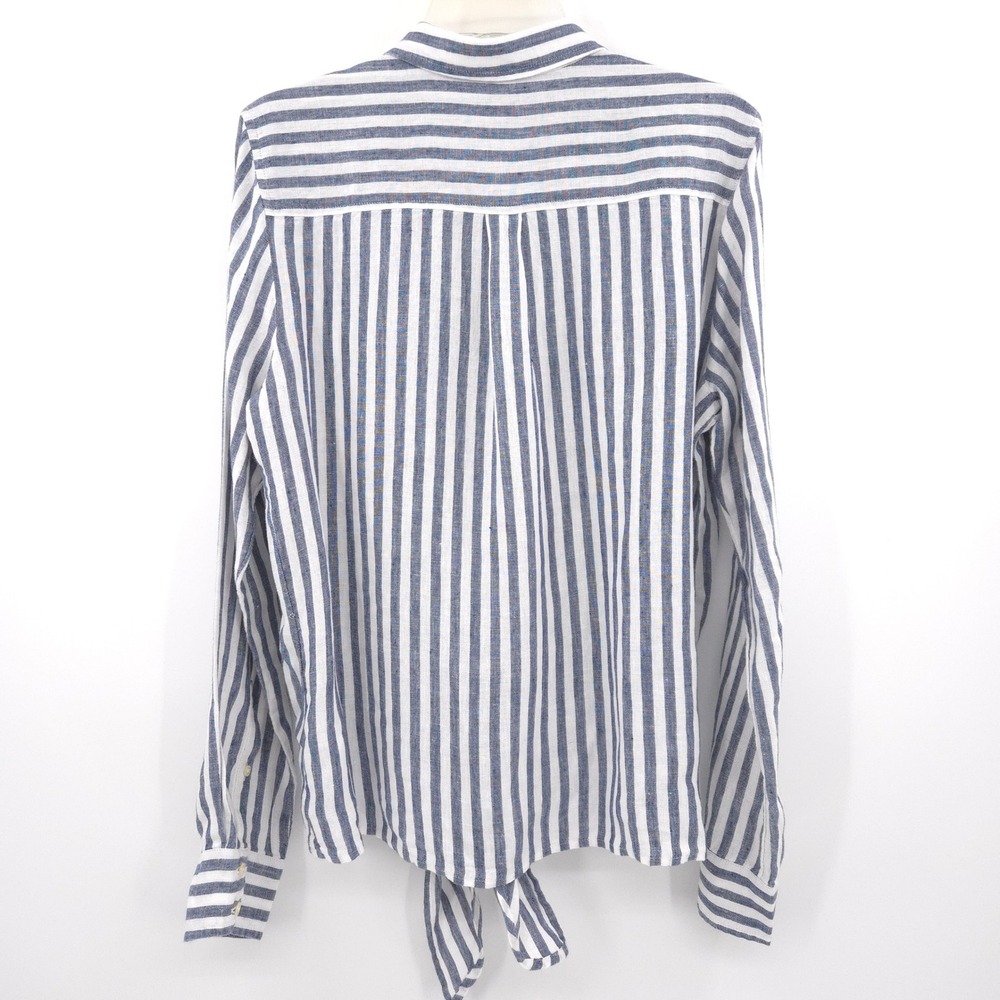 J.Crew Striped Linen Tie Front Shirt Womens 10 Blue White Long Sleeve Button Up - Picture 11 of 11